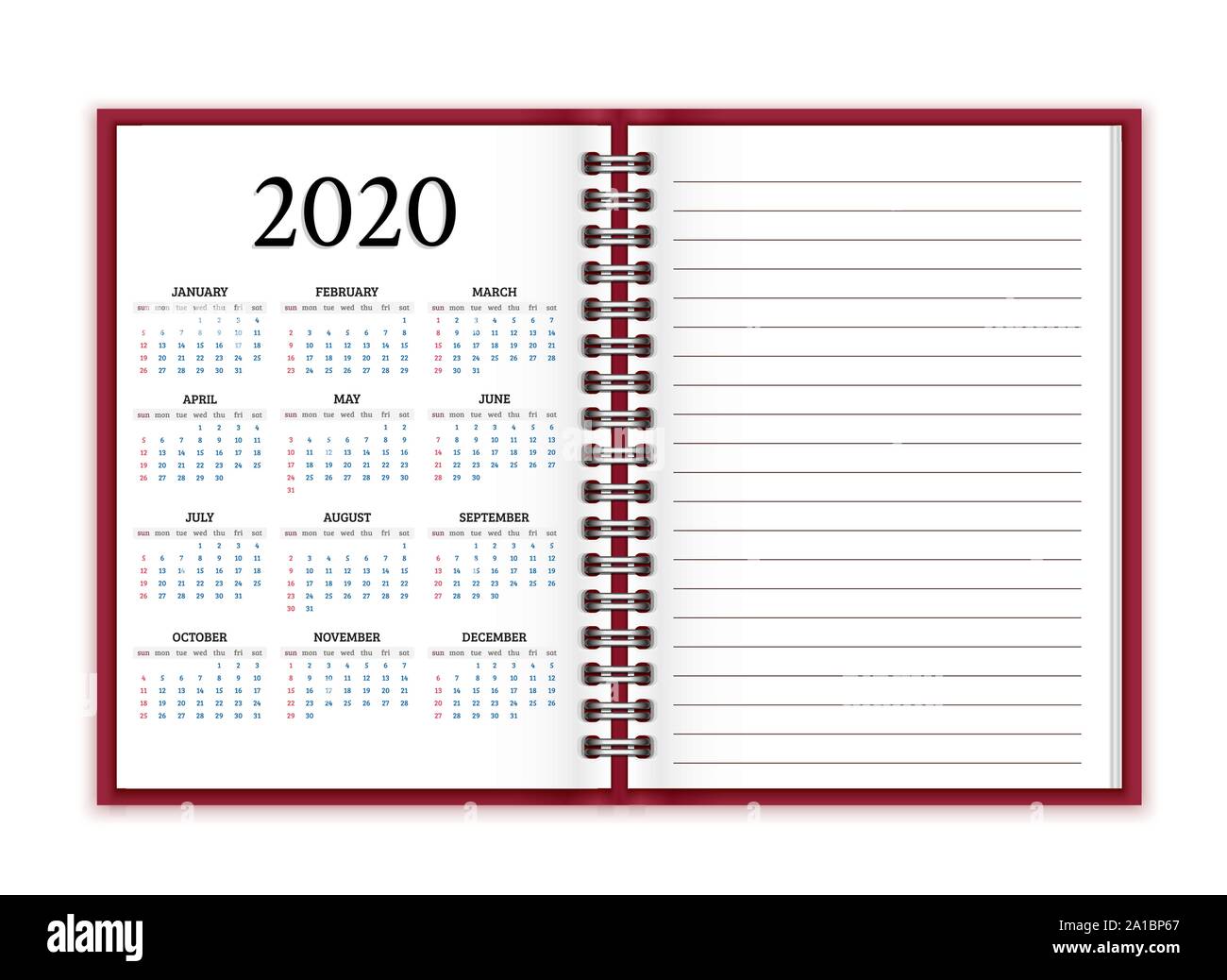 Feuilles de carnet avec calendrier pour 2020 vector background Illustration de Vecteur