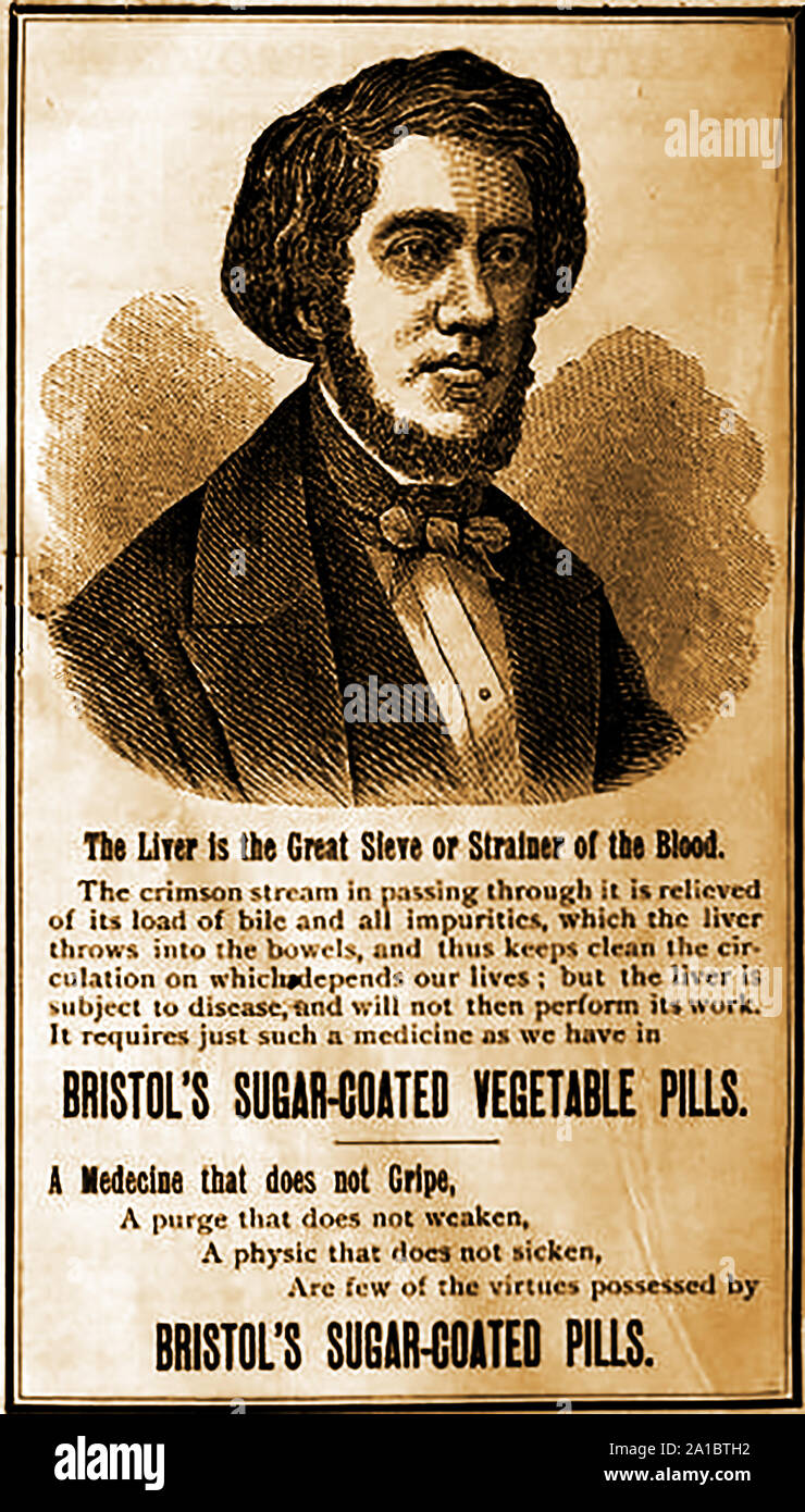 Une annonce pour 1887 Bristol's pills légumes enrobés de sucre. Un soi-disant médecine victorienne anglaise pour le foie et la purification du sang. Dit aussi à guérir, indigestion, constipation, l'hydropisie, pieux et des maux de tête. Banque D'Images