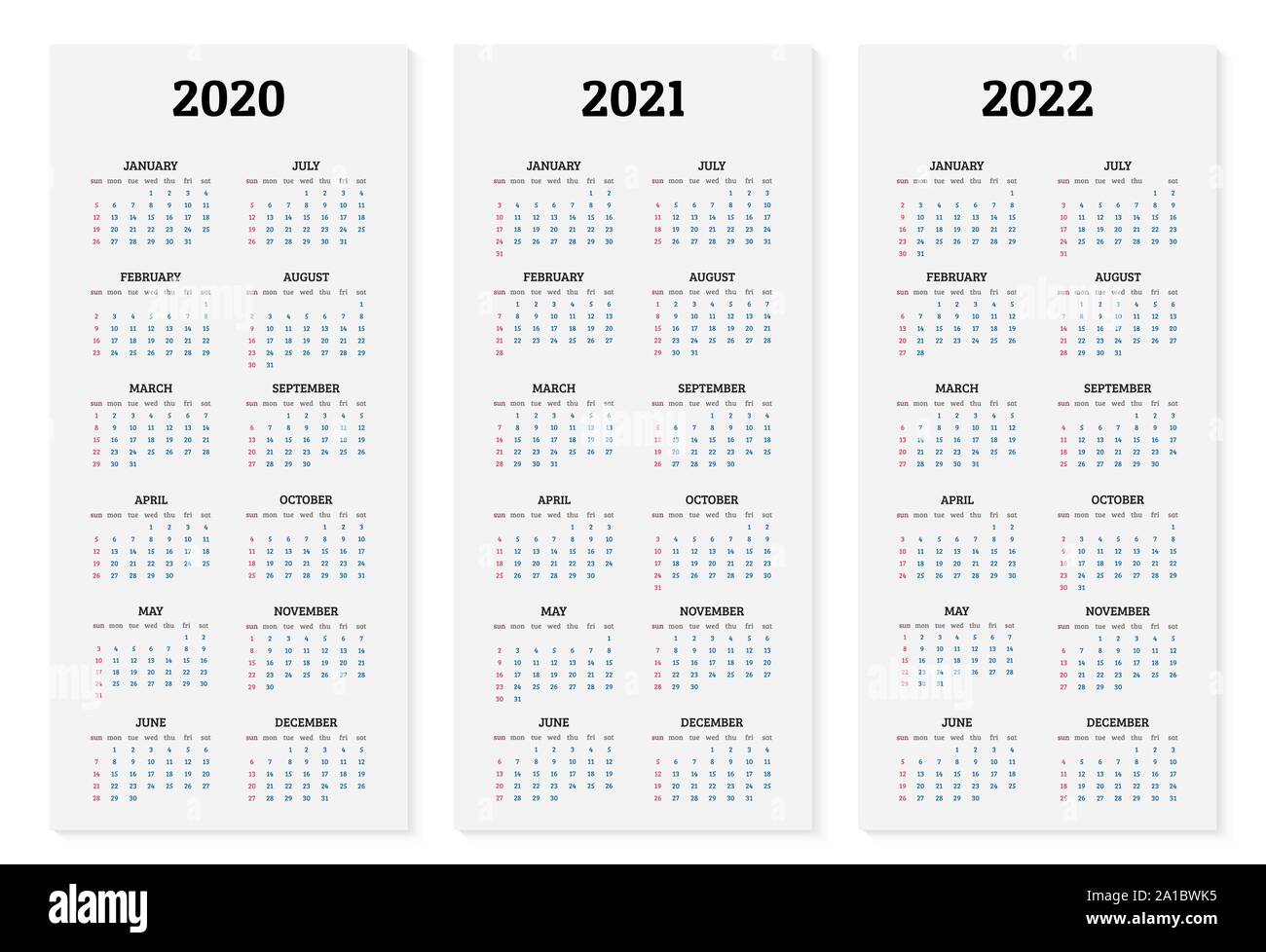 Calendrier annuel 2020, 2021 et 2022 modèle. Vector illustration Illustration de Vecteur