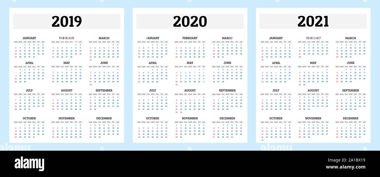 Calendrier annuel 2019, 2020 et 2021 modèle. Vector illustration Illustration de Vecteur