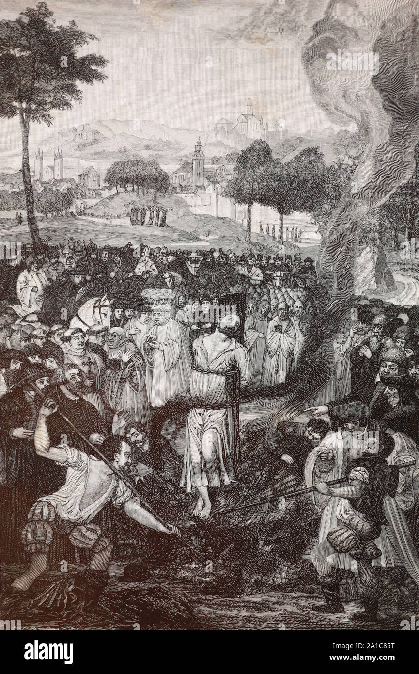 La combustion de Jan Hus par la Cathédrale de Constance le 6 juillet 1415. Gravure médiévale. Banque D'Images