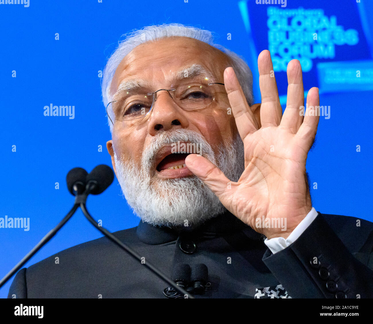 New York, USA. 25 Septembre, 2019. Le Premier Ministre indien Narendra Modi parle lors de la Bloomberg Global Business Forum 2019 à l'hôtel Plaza à New York. Credit : Enrique Shore/Alamy Live News Banque D'Images