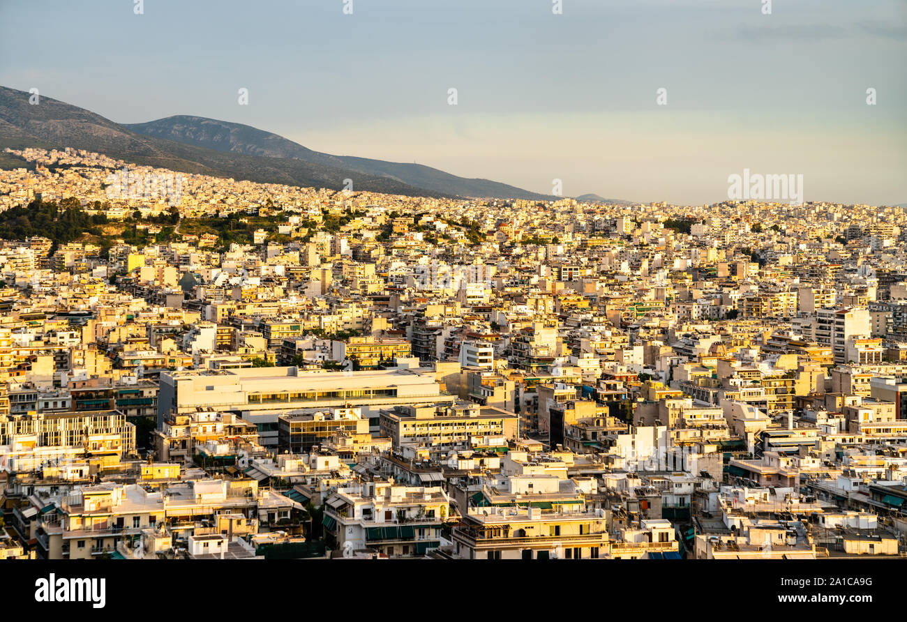 Vue d'Athènes depuis la colline Filopappou, Grèce Banque D'Images