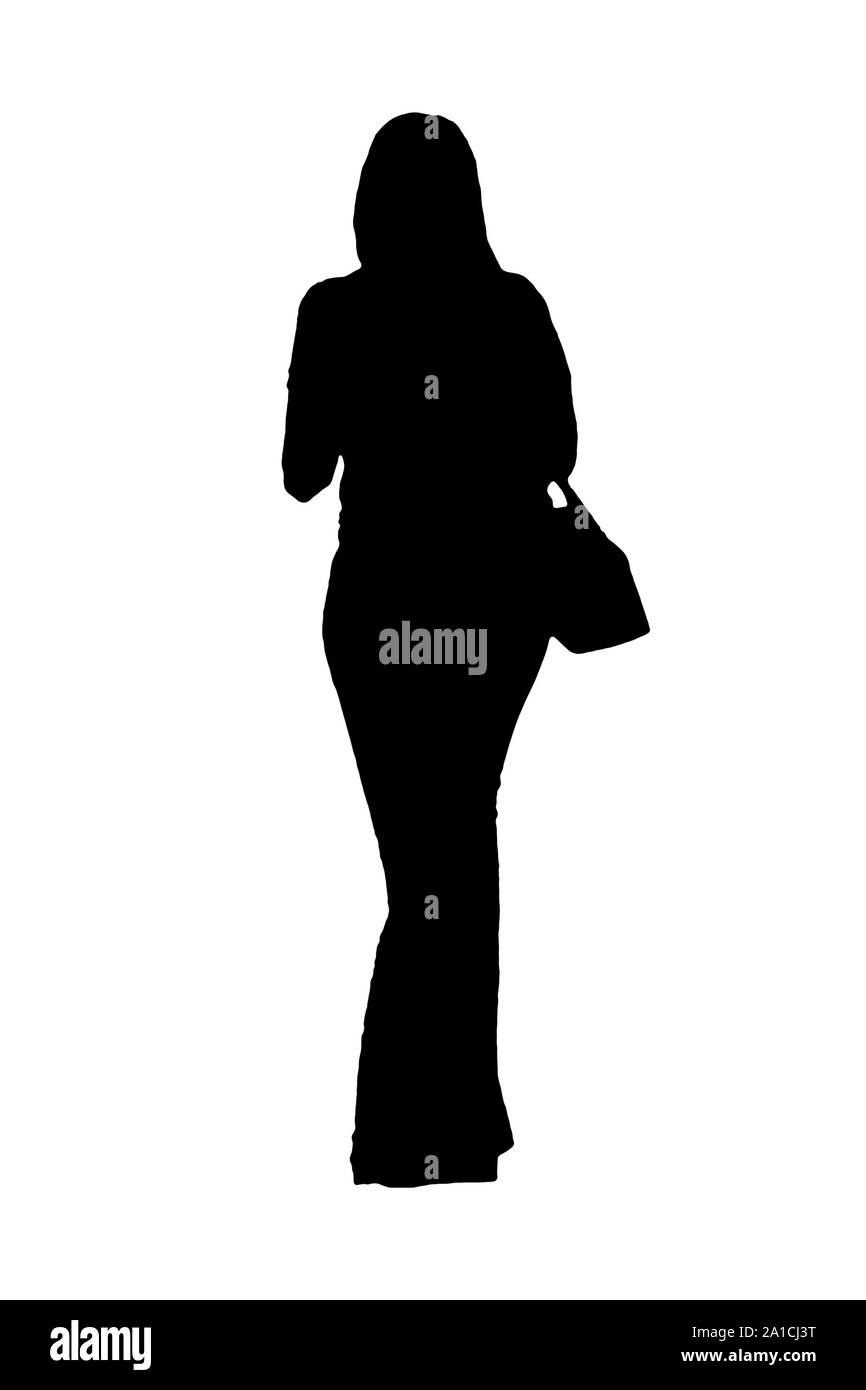 Femme transportant un sac de forme silhouette graphique isolé sur fond blanc Banque D'Images