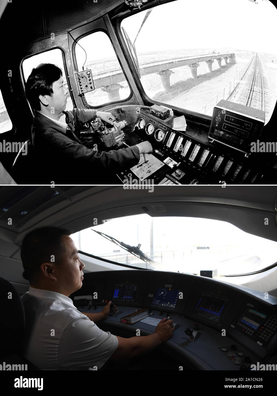 (190926) -- BEIJING, le 26 septembre 2019 (Xinhua) -- Haut : fichier photo prise en 1996 par Wu Chunzhan montre Mi Fugang sur la conduite d'un train de chemin de fer Lanzhou-Xinjiang.Bas : Photo prise le 28 juin 2019 par Zhang Rui montre Niu Ben roulant CRH380B train à grande vitesse loin de Lanzhou West Railway Station à Lanzhou, Gansu Province du nord-ouest de la Chine. Dans le passé, les conducteurs de train ont dû appeler la station pour confirmer la trajectoire et signaux, et surveiller sur leurs propres. De nos jours, ces tâches ont été remplacés par le système d'acquisition automatique du signal. La commande mécanisée dans le train cab a être Banque D'Images
