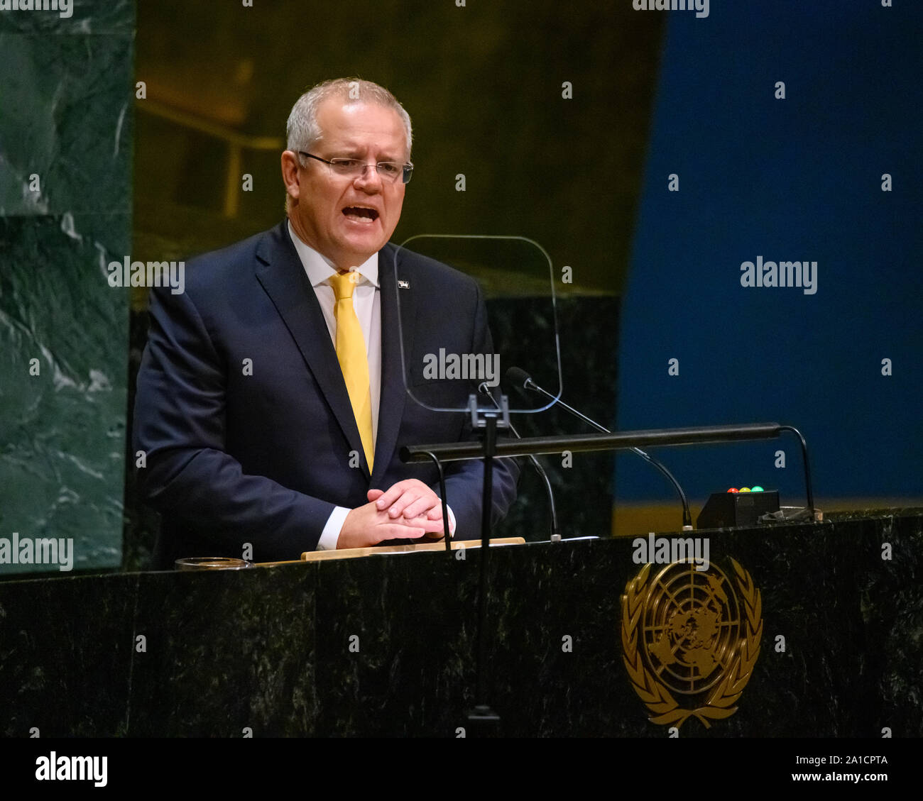 New York, USA. 25 Septembre, 2019. Le Premier ministre australien, Scott Morrison traite de l'Assemblée générale des Nations Unies. Credit : Enrique Shore/Alamy Live News Banque D'Images