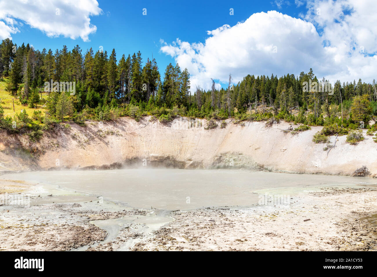 L'ébullition et la boue acide au chaudron de Volcan de boue dans le Parc National de Yellowstone. Banque D'Images