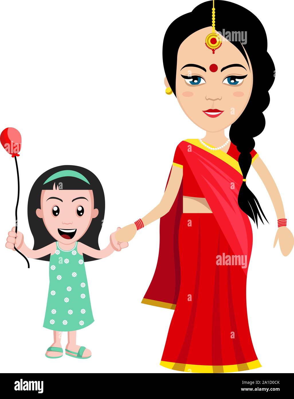 Femme indienne avec petite fille , illustration, vecteur sur fond blanc. Illustration de Vecteur