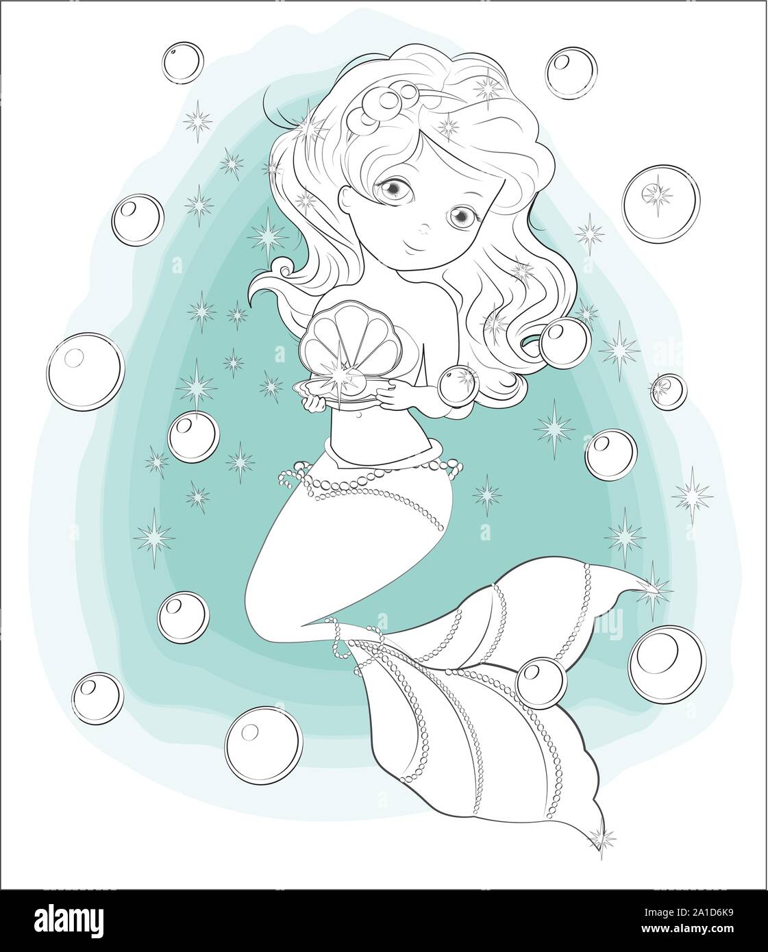 Livre De Coloriage Belle Charmante Petite Sirene Princesse Avec Don La Photo Dans Le Style De Dessin A La Main Joyeux Anniversaire Carte Image Vectorielle Stock Alamy