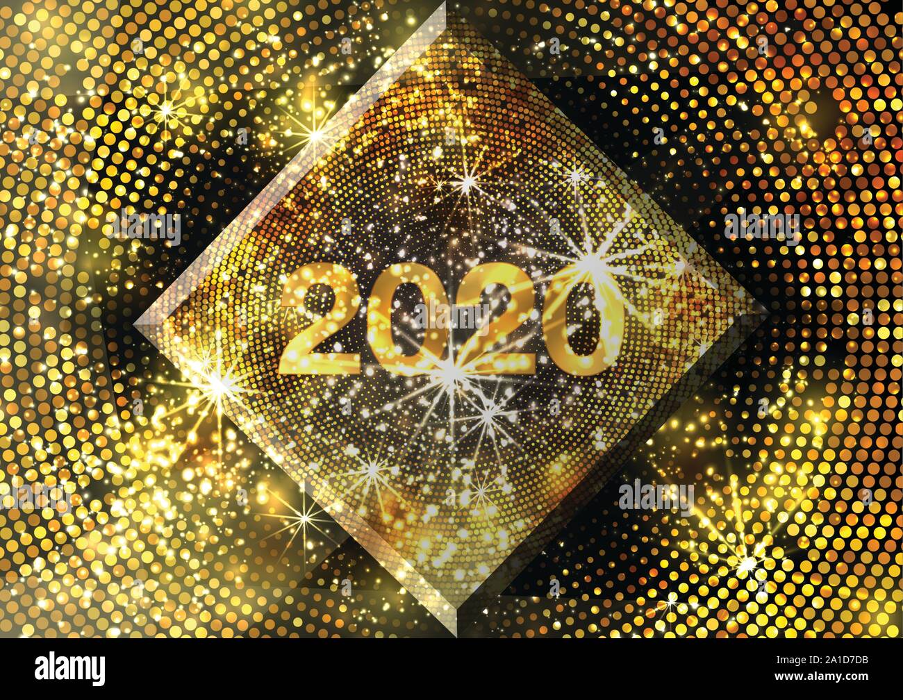 Joyeux Noël 2020. Maison de l'illustration vectorielle. Nombre d'or sur fond noir texturé avec paillettes scintillantes. Bannière de fête avec de l'éclat de Illustration de Vecteur