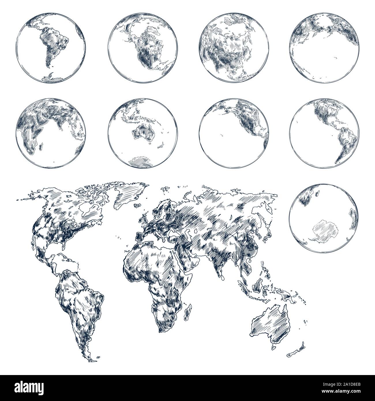 Croquis de terre planète continents. Carte du monde Illustration de Vecteur