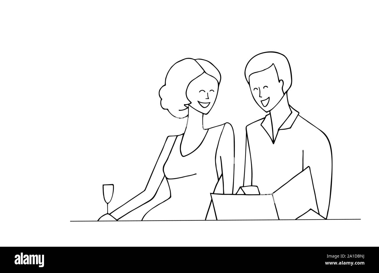 Vector hand contour tracé illustration isolé sur fond blanc. Jeune femme en  robe avec un verre de champagne. L'homme en chemise. Happy smiling coupl  Image Vectorielle Stock - Alamy
