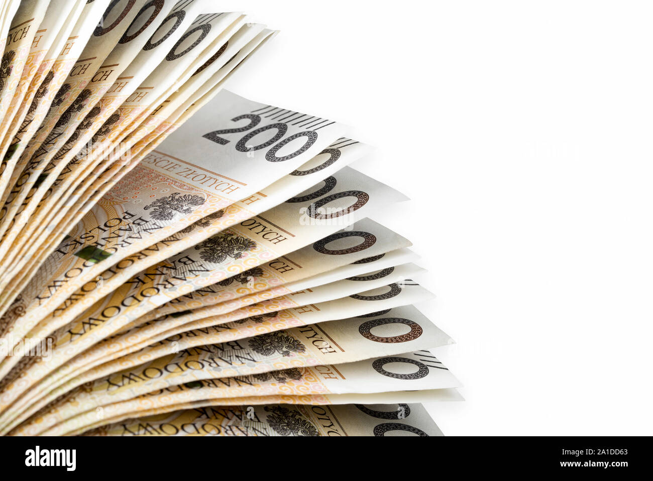 Gamme de 200 zloty polonais billets, macro shot. Isolé sur blanc. Chemin de détourage inclus. Banque D'Images