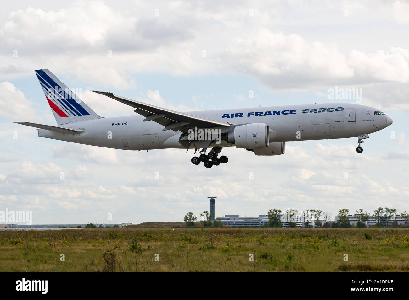 F-GUOC, 23 septembre 2019, Boeing 777-F28-32966 L'atterrissage à l'aéroport de Roissy, Paris à la fin du vol Air France AF6727 de Guadalaja Banque D'Images