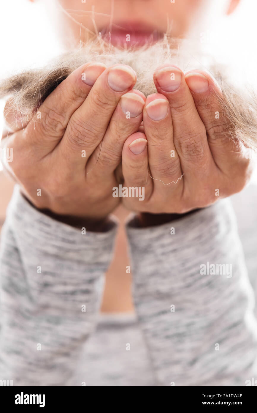 Femme avec des poils d'animaux allergie est tenue quelques poils dans ses mains Banque D'Images