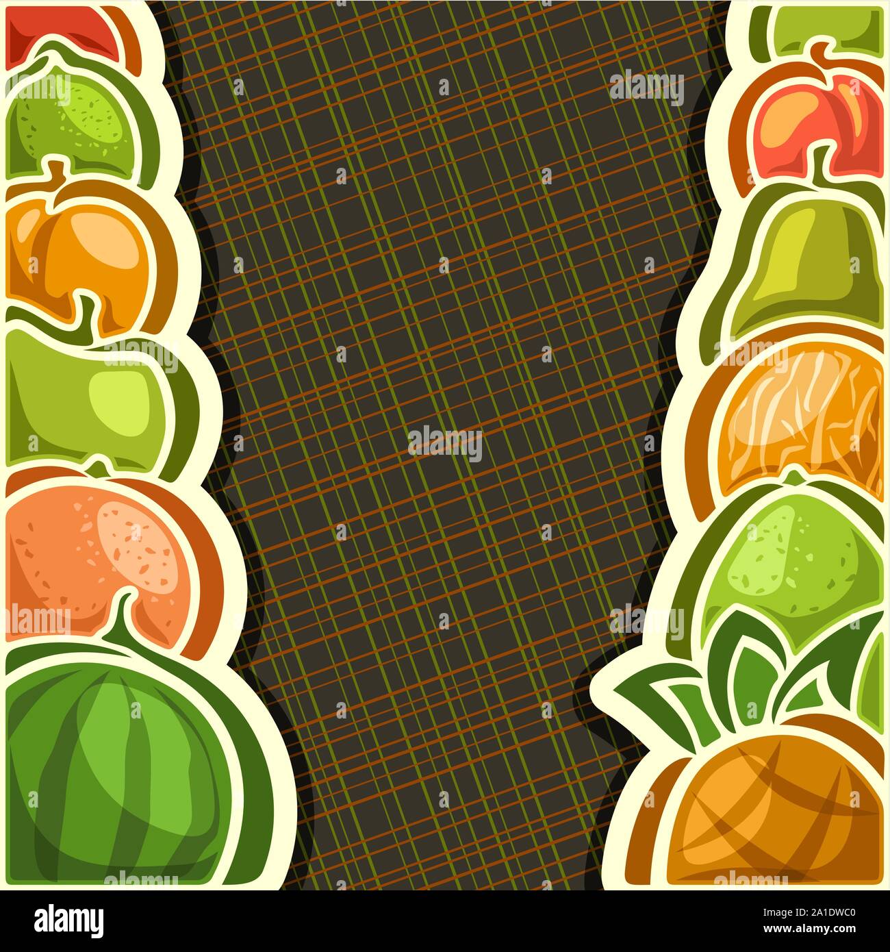 Vector affiche pour mettre les fruits avec copie espace : juteux Melon, ananas, orange, pomelo, pomme. Fruits frais dans une rangée sur geo marron Illustration de Vecteur