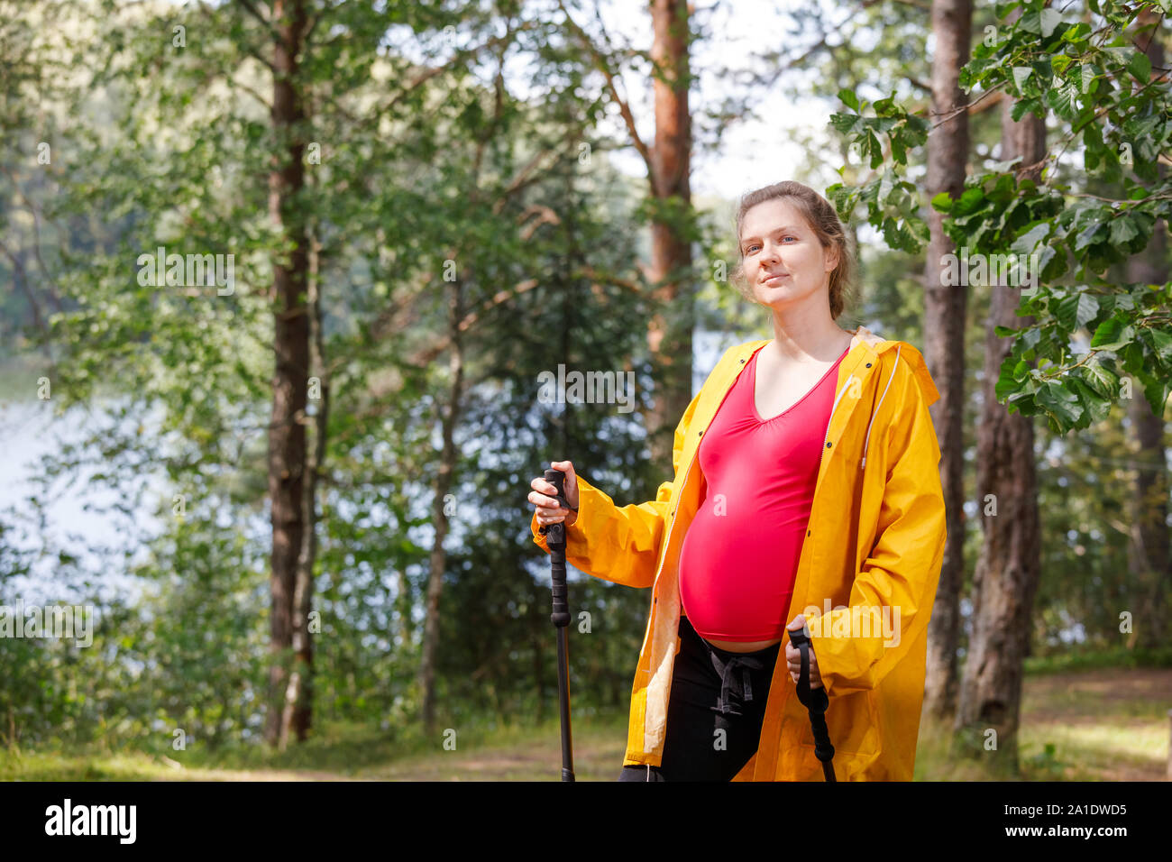 Portrait of young pregnant woman wearing raincoat en été permanent forest holding bâtons appréciant la nature - Grossesse en santé concept de vie Banque D'Images