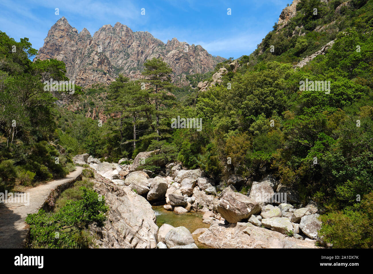 Capu Casconi et la vallée de Saint Christophe Saint Christophe / stream valley trail partie de la Spelunca Gorge / gorges de Spelunca en Corse-du-Sud Corse France Ota Banque D'Images