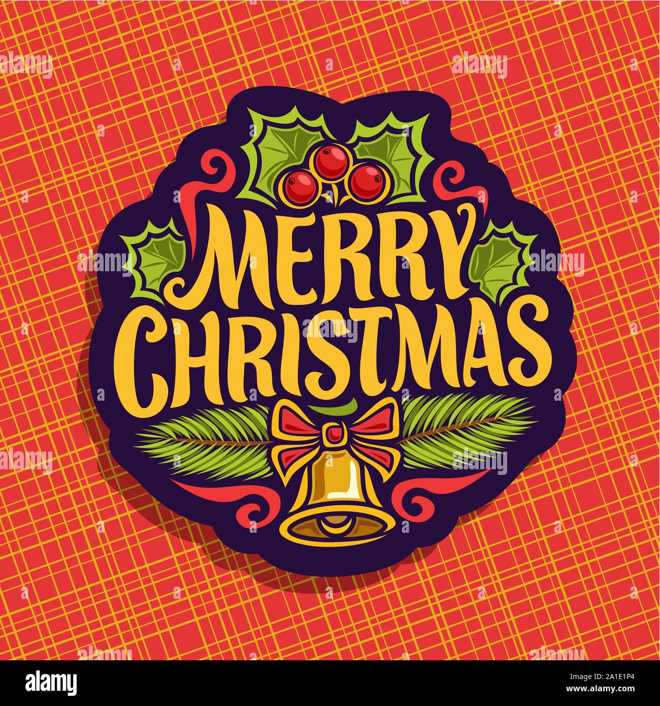 Logo Vector pour vacances de Noël : l'étiquette de vœux avec des baies de houx & feuilles, branches de pin, noël signe avec police d'origine pour citer un texte joyeux chr Illustration de Vecteur