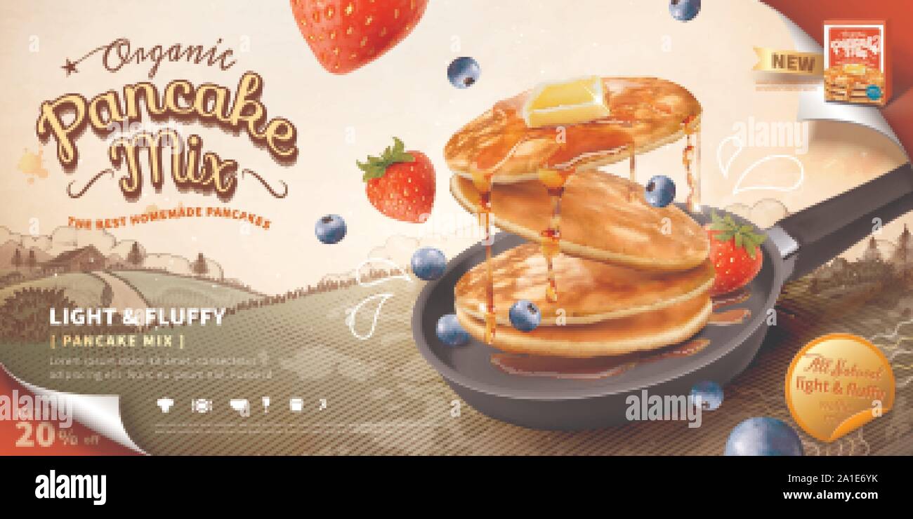 Crêpe annonces avec de délicieux en-cas dans poêle à fond sur le terrain de style gravure sur bois en 3d illustration Illustration de Vecteur