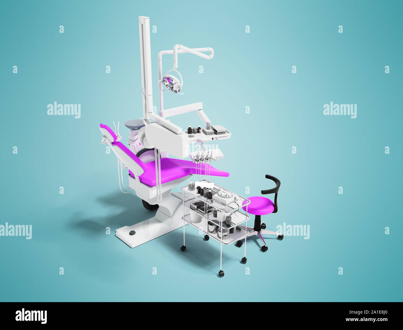 Fauteuil dentaire avec éclairage à partir de la tables de chevet avec des outils pour le traitement et l'enlèvement de dents avec un fauteuil pour travailler avec inserts blanc rose 3D Banque D'Images