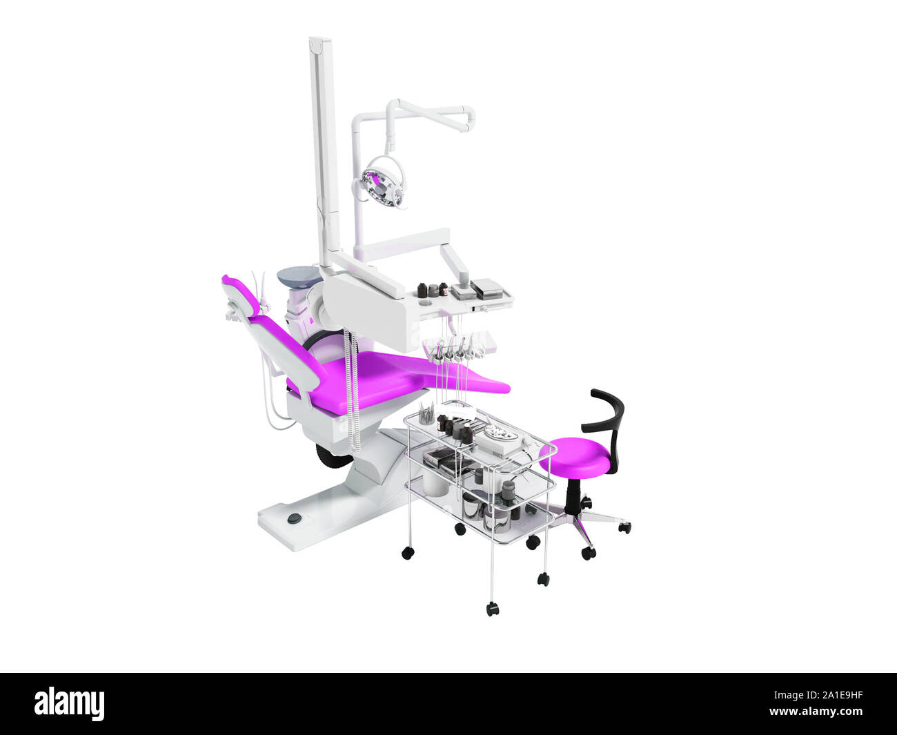 Fauteuil dentaire avec éclairage à partir de la tables de chevet avec des outils pour le traitement et l'enlèvement de dents avec un fauteuil pour travailler avec inserts blanc rose 3D Banque D'Images