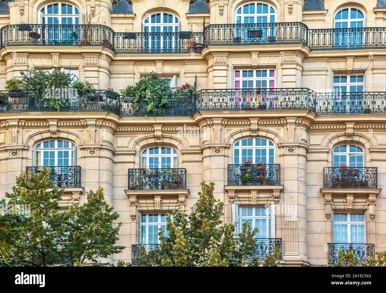 Vue sur la rue d'un vieux, élégant bâtiment résidentiel façade dans Paris, avec des détails dans les murs en pierre, et des fenêtres à la française. Banque D'Images
