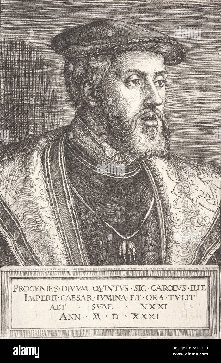 L'Empereur Charles V. gravure médiévale. Charles V était Saint Empereur Romain de 1519, roi d'Espagne (Castille et Aragon, comme Charles I) à partir de 1516, et le prince des Pays-Bas des Habsbourg à partir de 1506. Banque D'Images