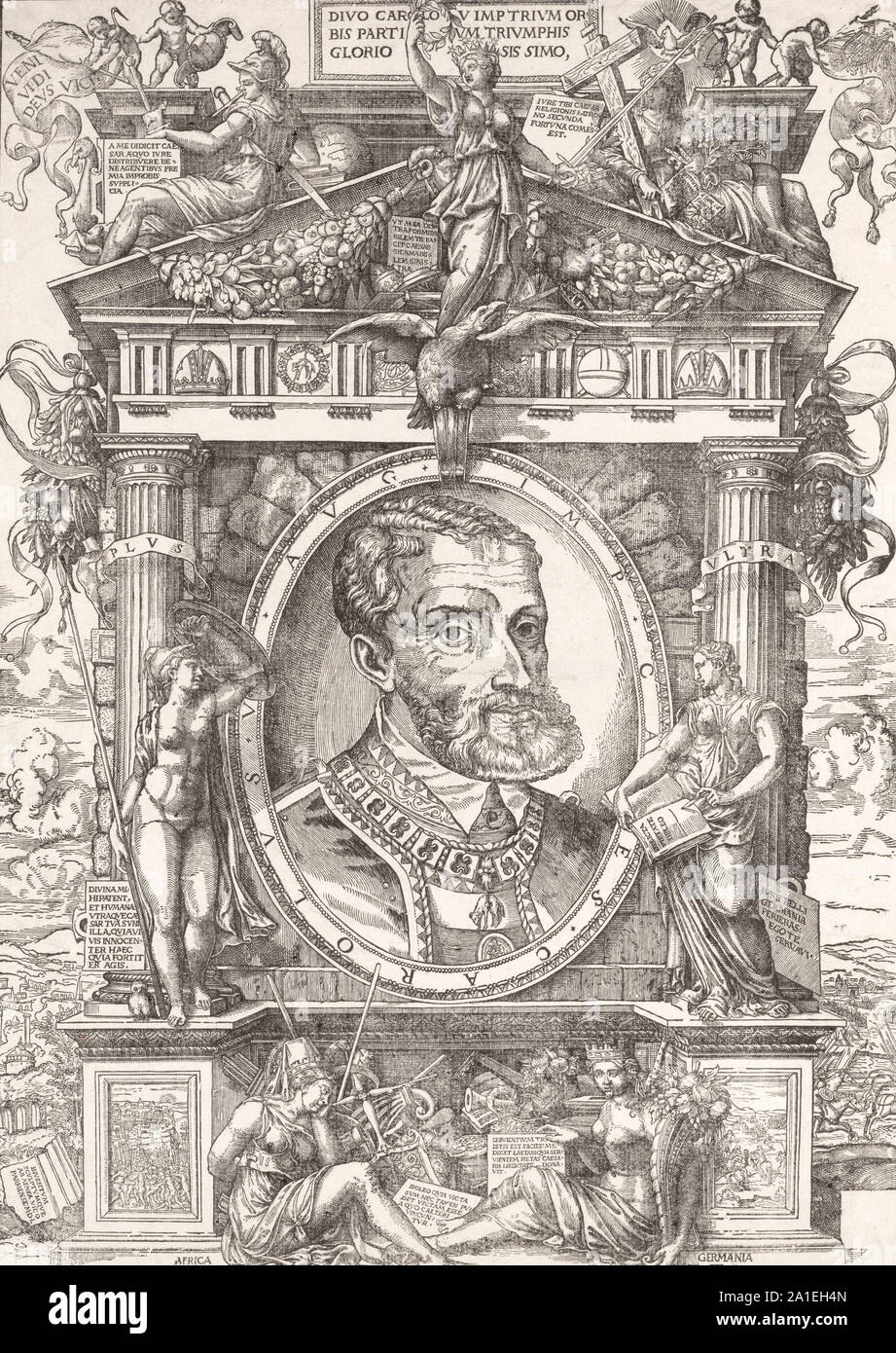 L'Empereur Charles V. gravure médiévale - 1550. Charles V était Saint Empereur Romain de 1519, roi d'Espagne (Castille et Aragon, comme Charles I) à partir de 1516, et le prince des Pays-Bas des Habsbourg de 1506.gravure médiévale. Banque D'Images