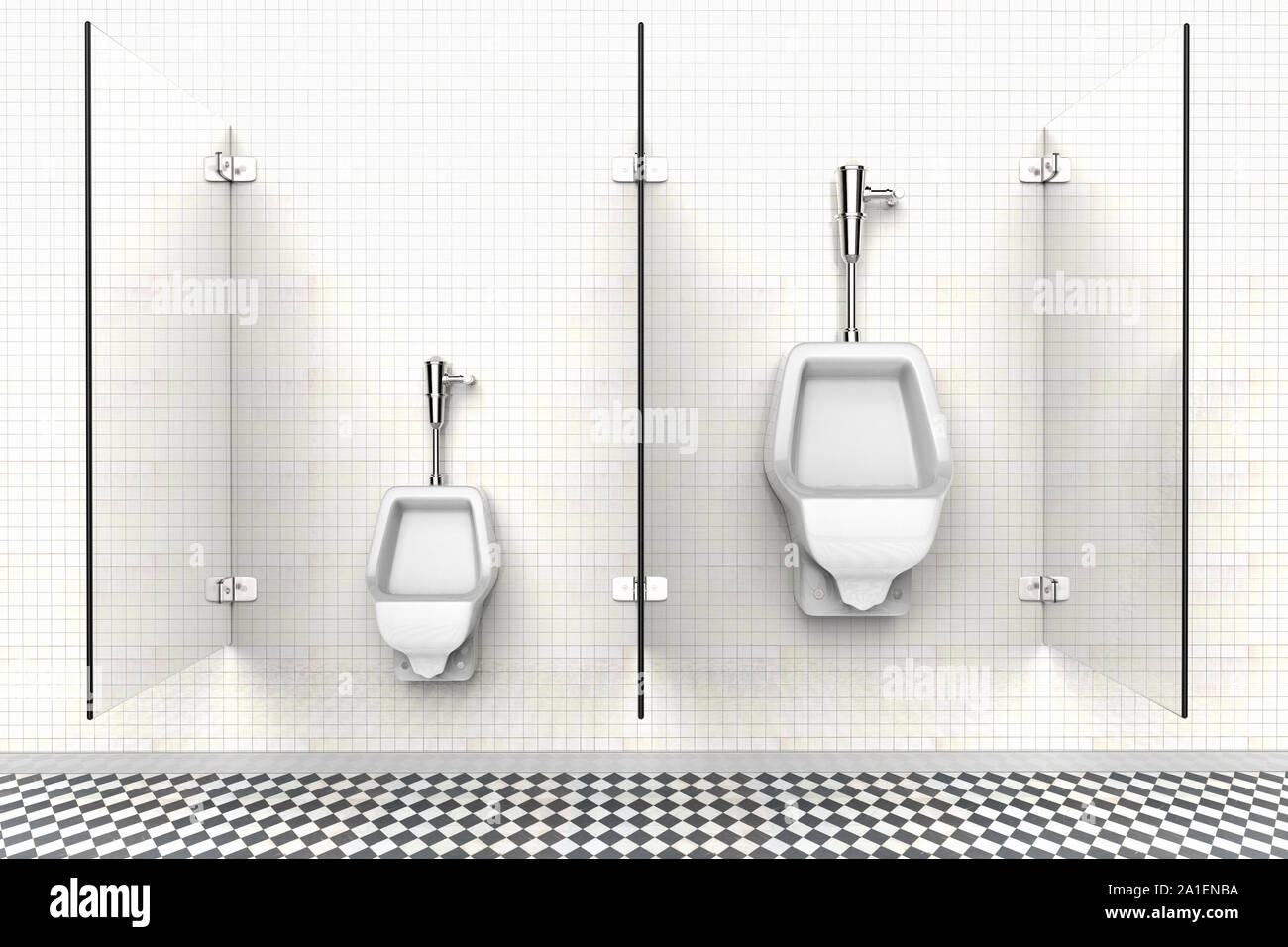 Le rendu 3D d'une salle de bains privative avec urinoirs pour enfant et adulte Banque D'Images