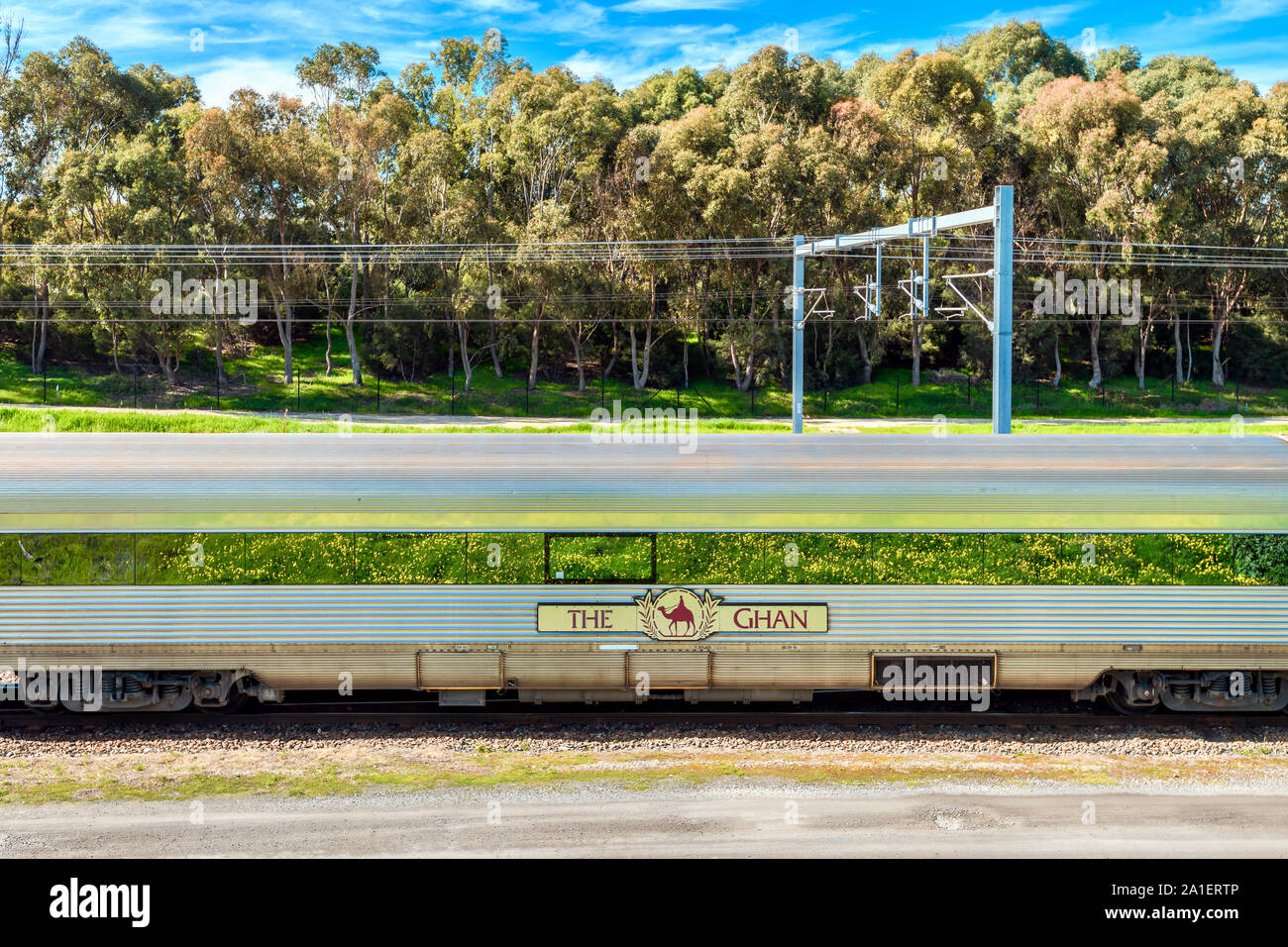 Les parcs d'Adélaïde, Australie du Sud Terminal - 4 août 2019 : Le Ghan train au départ pour ses 90 ans de service spécial d'Adélaïde à Darw Banque D'Images
