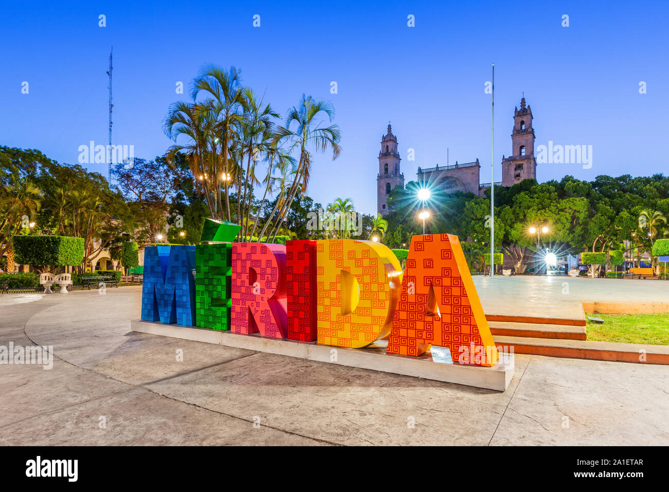 Merida, Mexique. Signe de la ville dans la vieille ville. Banque D'Images