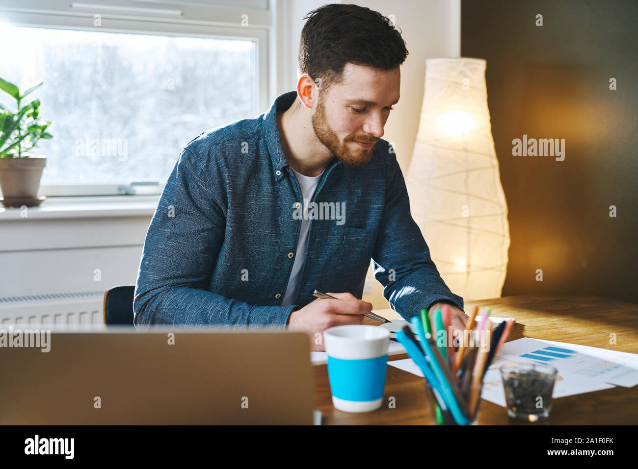 L'un des jeunes hommes adultes barbus working at desk in office avec soft lampe de plancher derrière lui à la fenêtre suivante Banque D'Images