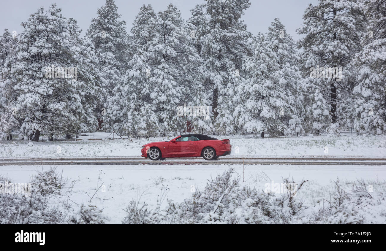 L'heure d'hiver et neige, Voiture rouge sur la route, vue latérale, ciel nuageux, USA campagne Banque D'Images