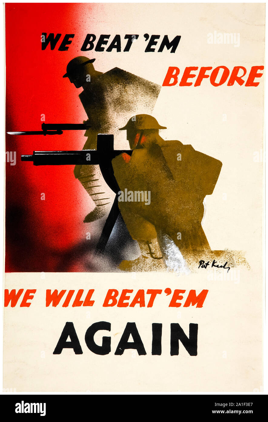 British, WW2, l'effort de guerre, nous avons battu em avant. Nous allons à nouveau beat'em, fantassin (mitrailleur et son attaque), de motivation, d'affiches 1939-1946 Banque D'Images
