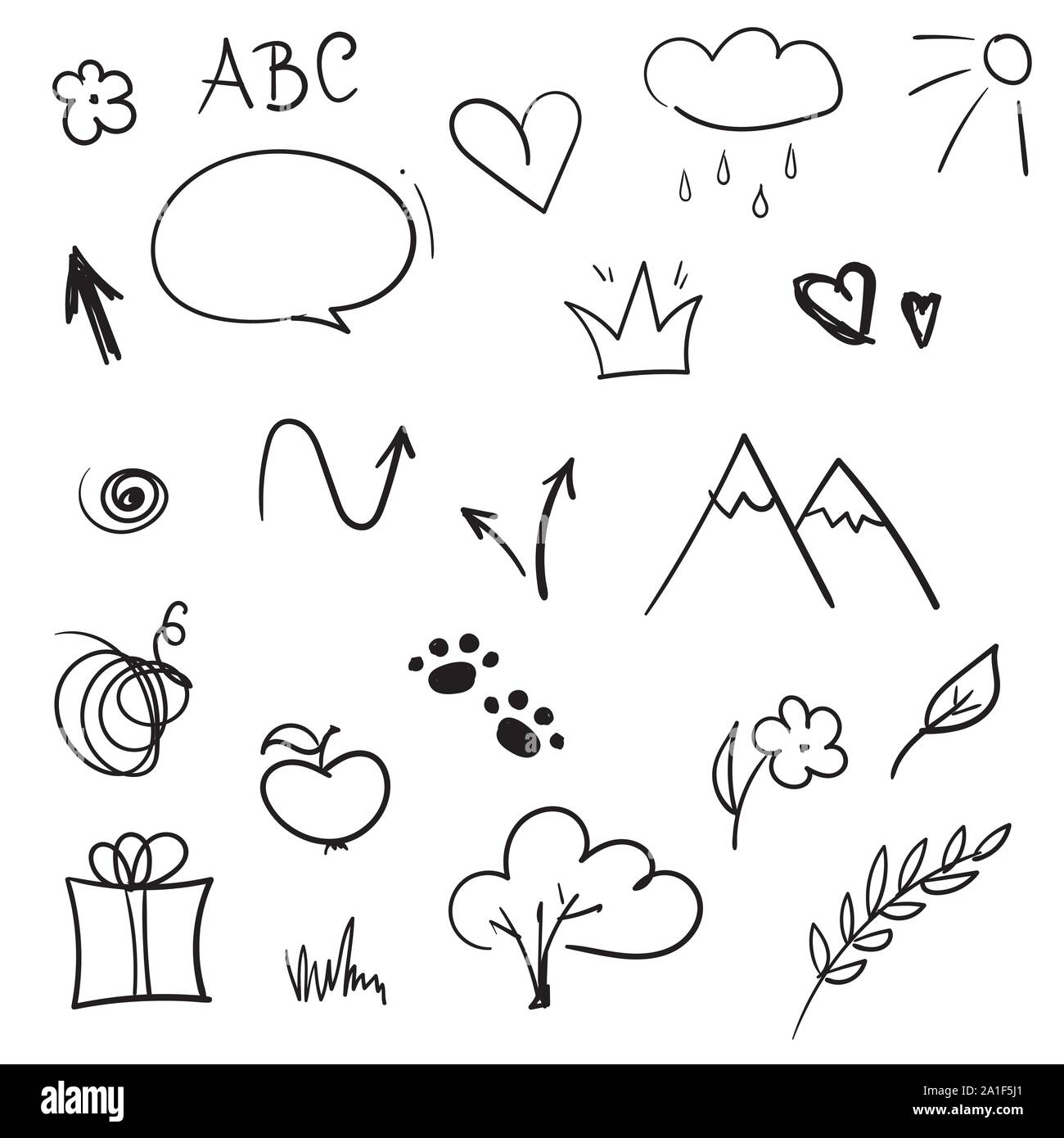 Éléments de conception à la main. Vector set de doodle croquis. Flèches, couronne, coeur, bulle, boîte-cadeau, fleur Illustration de Vecteur