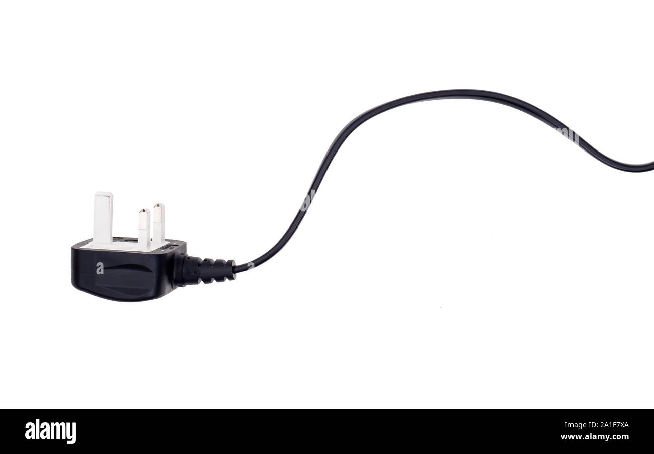 UK plug électrique à trois broches isolé sur fond blanc avec flex, câble. Banque D'Images
