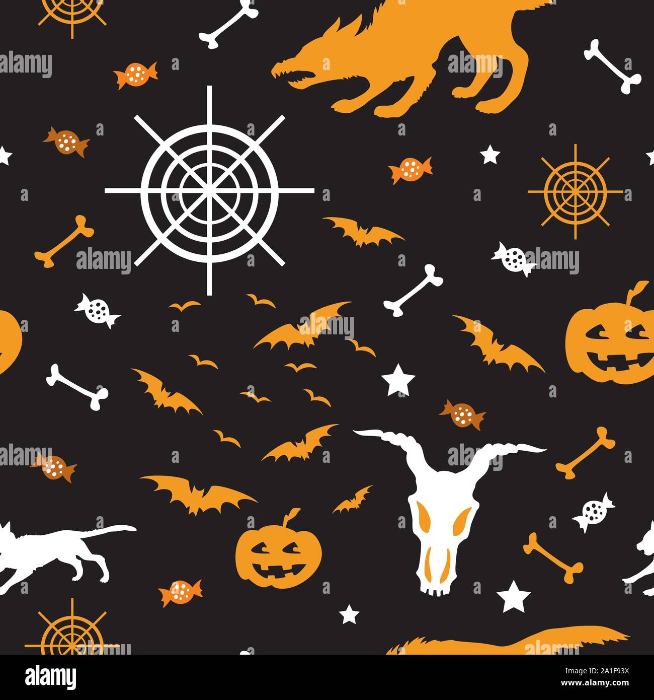 Vector pattern transparente avec différentes icônes d'Halloween (bat, crâne avec hornes, web, un loup-garou, les bonbons, la Citrouille) sur fond noir, stock illustration Illustration de Vecteur