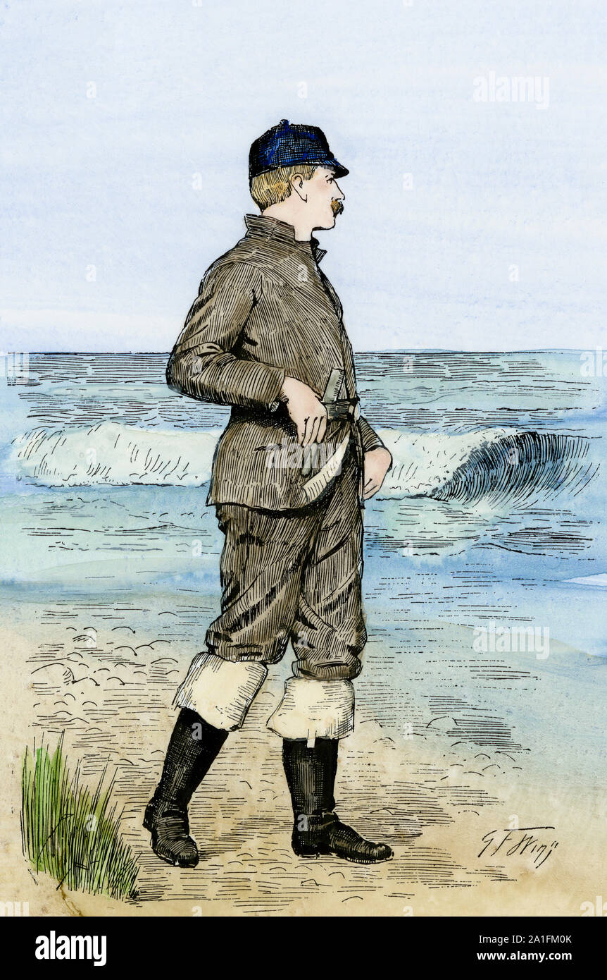 Le patrouilleur du Service de Sauvetage nous regarder la rive de l'Atlantique, 1890. À la main, gravure sur bois Banque D'Images