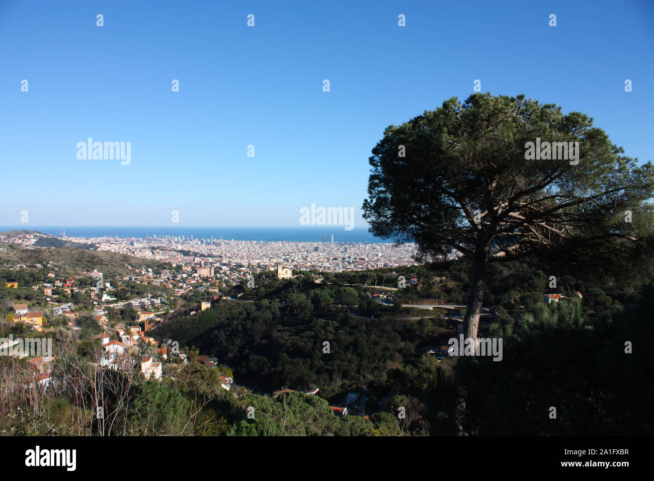 Aperçu de Barcelone depuis la montagne de Collserola, avec la mer Méditerranée en arrière-plan. On peut observer la Tour Agbar, La Sagrada Familia ou Ma Banque D'Images
