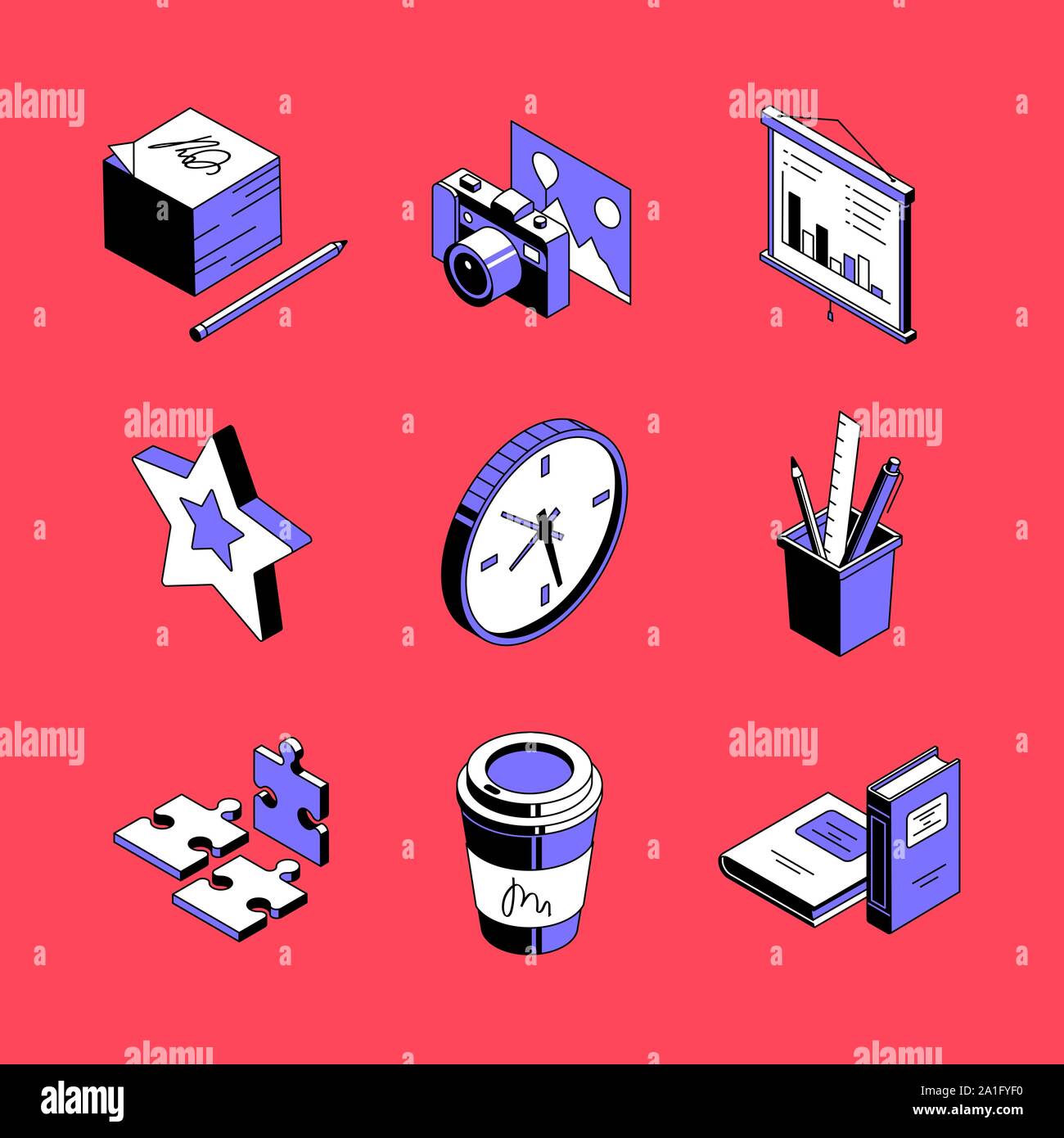 Accessoires de travail colorés - vector icons set isométrique Illustration de Vecteur
