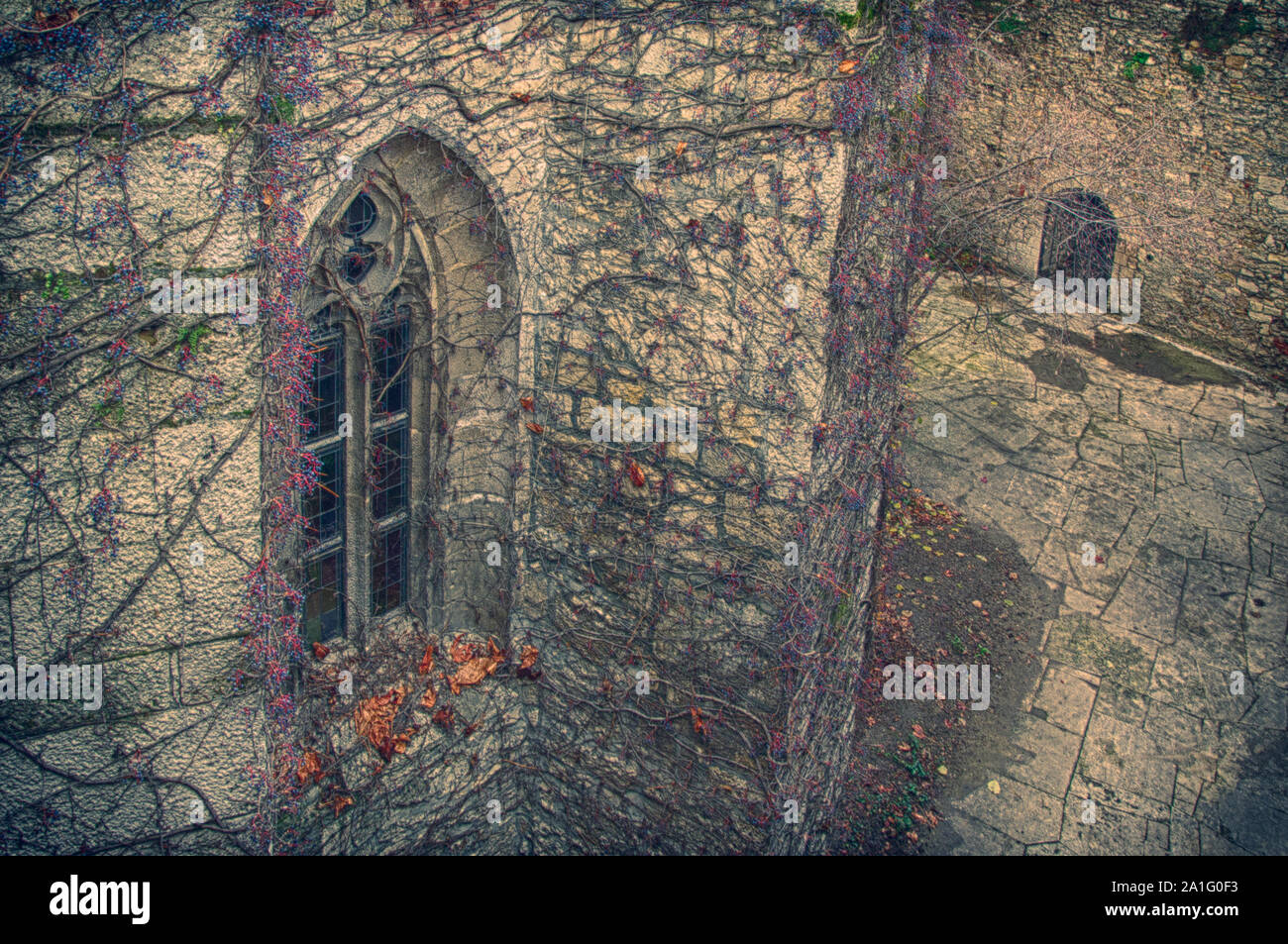 Une fenêtre d'un vieux château hanté. Une œuvre artistique design HDR. Banque D'Images