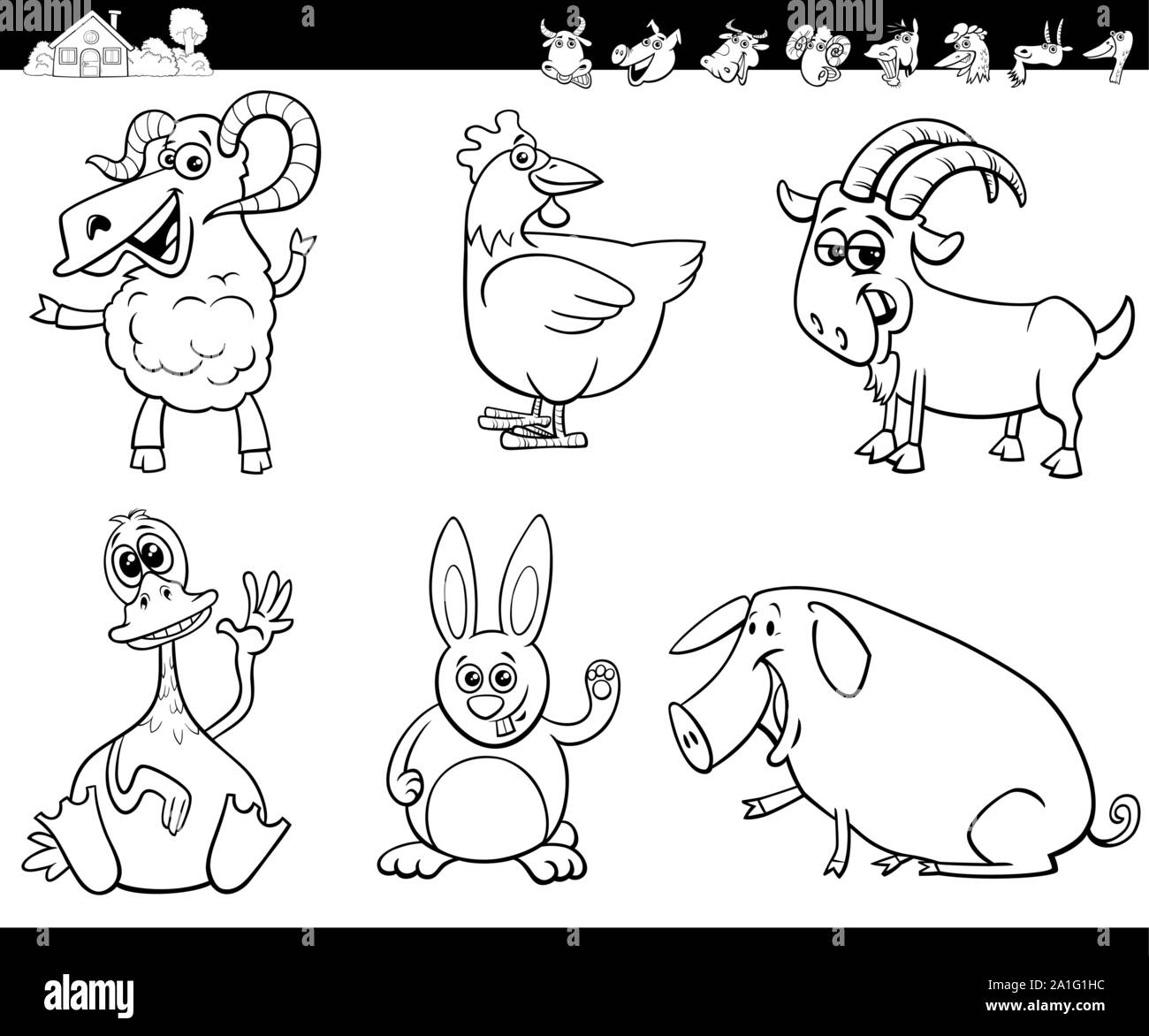 Cartoon noir et blanc Illustration de Funny Farm Animal Livre à colorier Jeu de caractères de la bande dessinée Illustration de Vecteur
