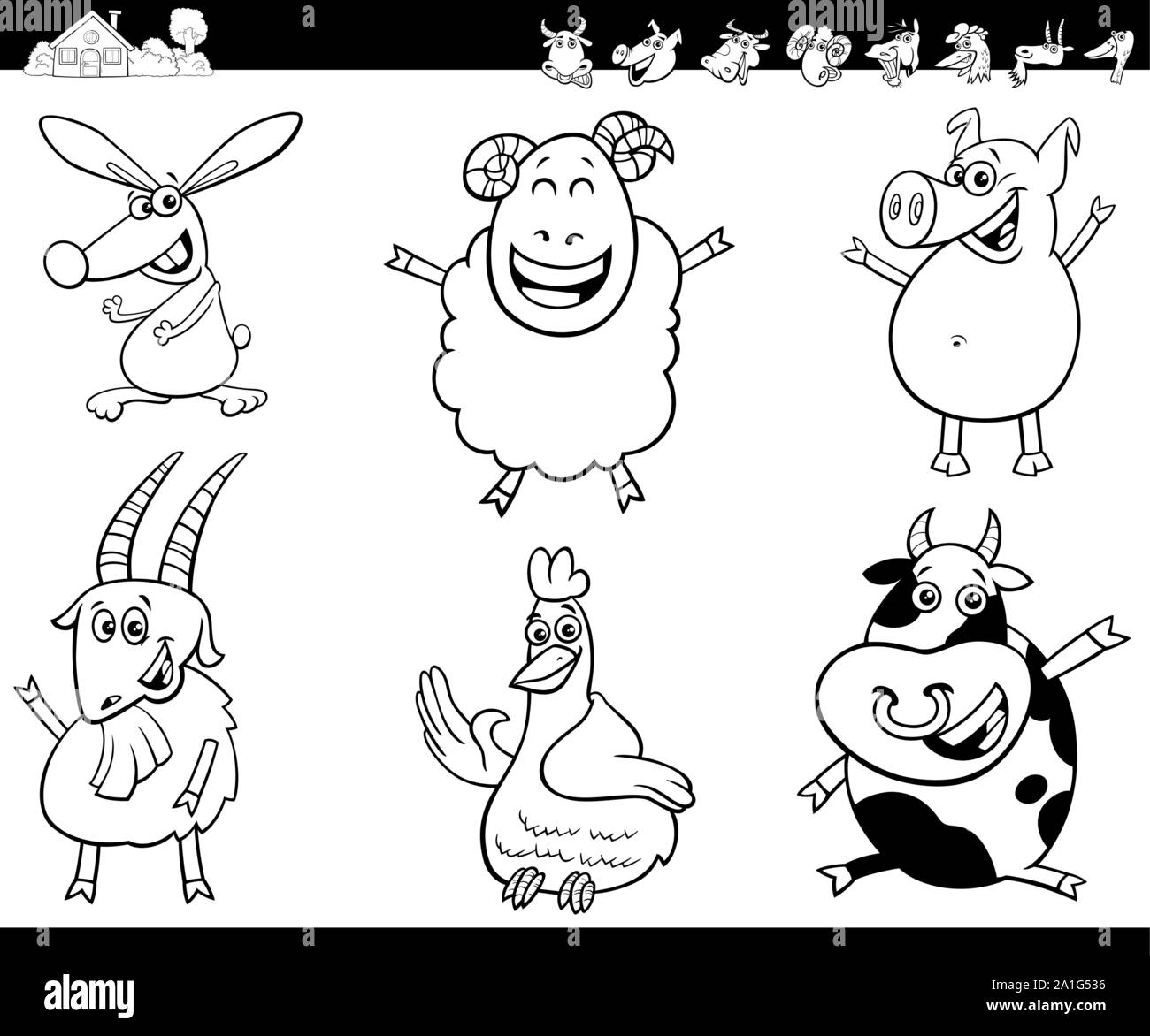 Cartoon noir et blanc Illustration de Happy Farm Animal Comic Livre à colorier Jeu de caractères Illustration de Vecteur
