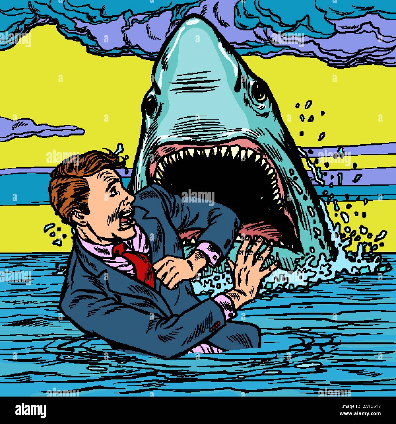 Les attaques de requins l'homme d'affaires. Peur de l'homme. Retro pop art dessin illustration vectorielle Illustration de Vecteur