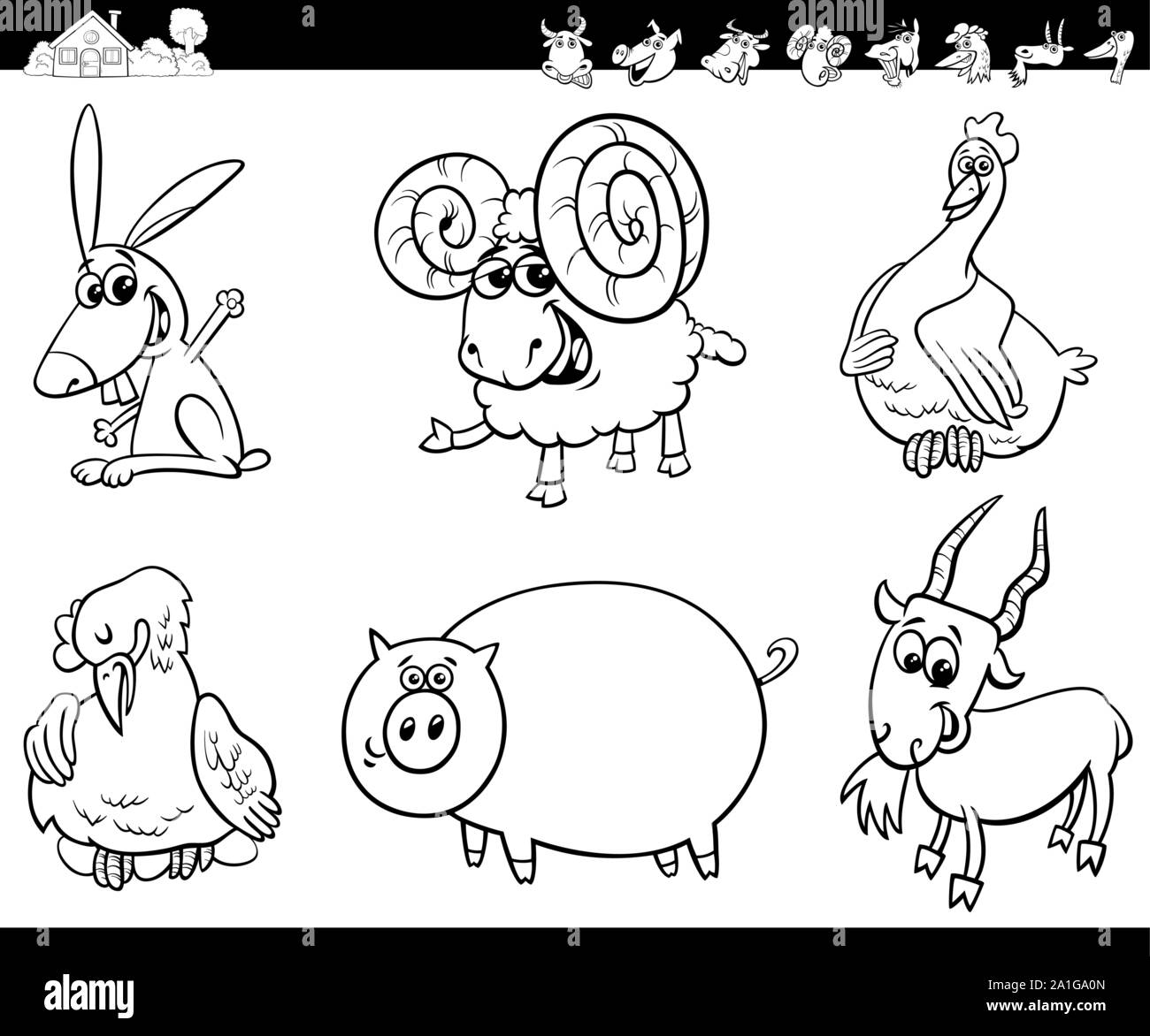 Illustration Cartoon noir et blanc de mignons petits animaux de ferme à colorier Jeu de caractères de la bande dessinée Illustration de Vecteur