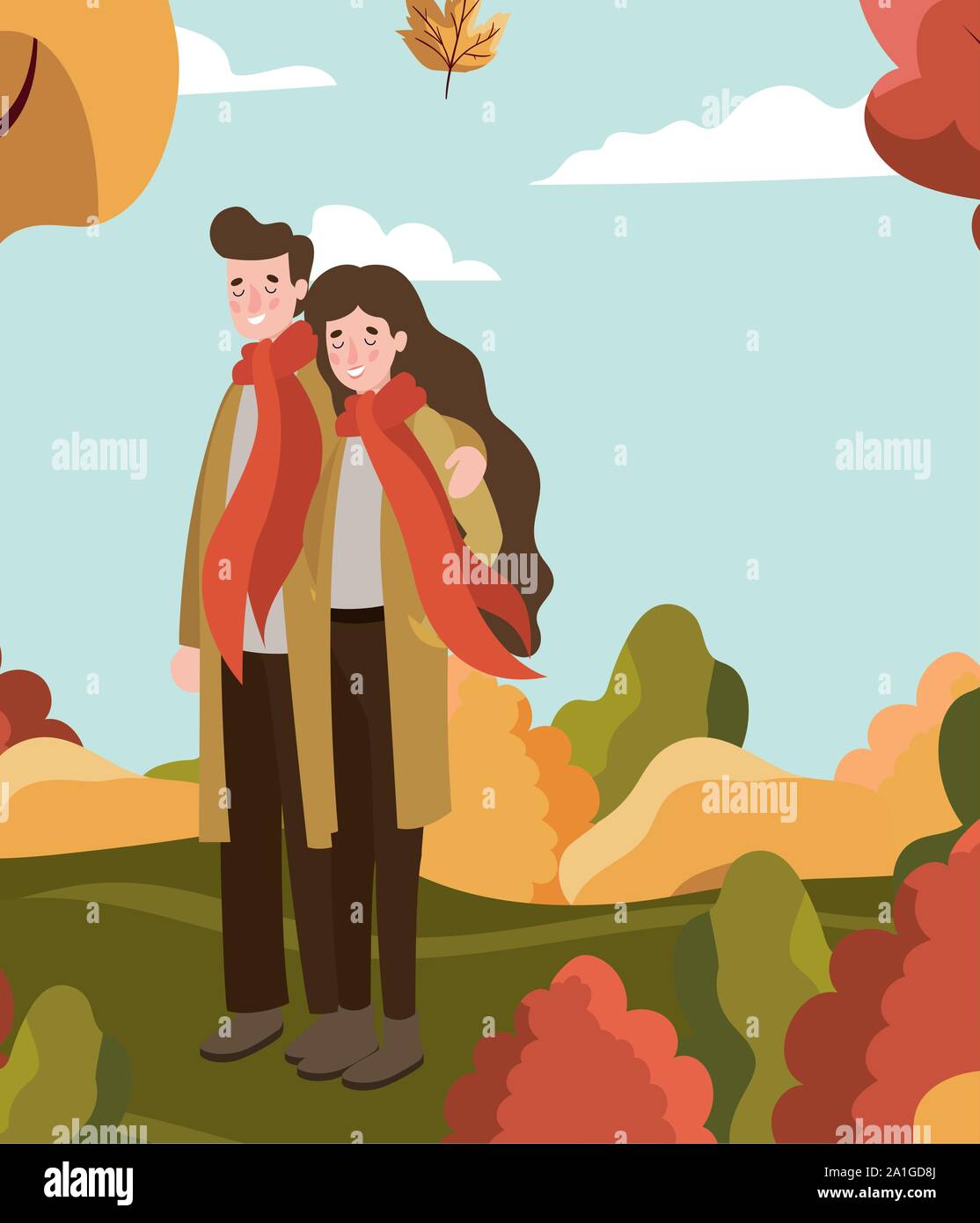 Couple en train de marcher avec l'automne costume dans le camp Illustration de Vecteur