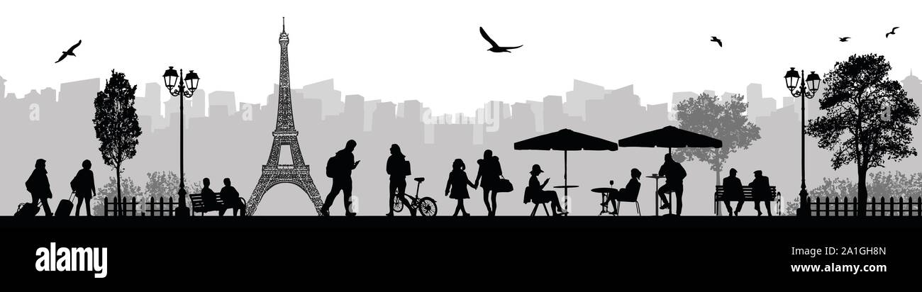 Illustration Vecteur de paysages et de scène de rue avec des gens de la ville et de la Tour Eiffel à Paris, France dans l'arrière-plan Illustration de Vecteur