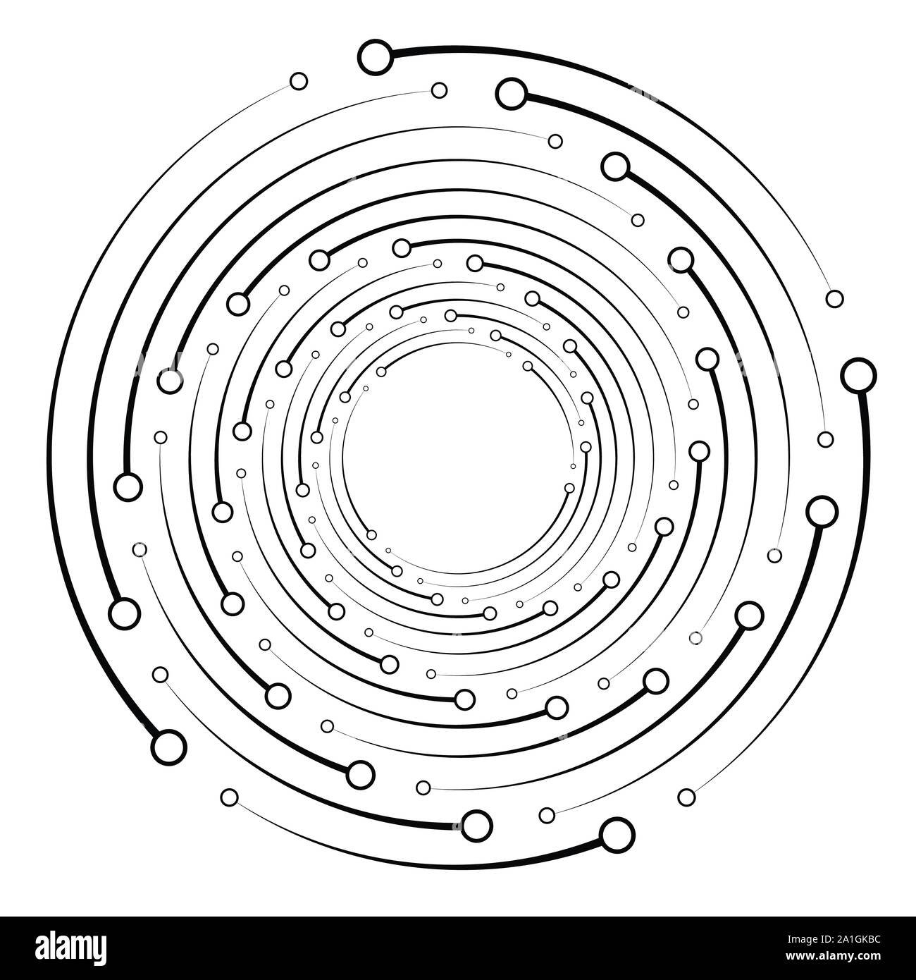 Fil de fer, Plexus cercles radiale avec nœuds. Spirale géométrique pour la technologie, la chaîne, comme circuit de bloc de thèmes. Anneaux de cycle de conception. Swirl, vor, twirl Illustration de Vecteur