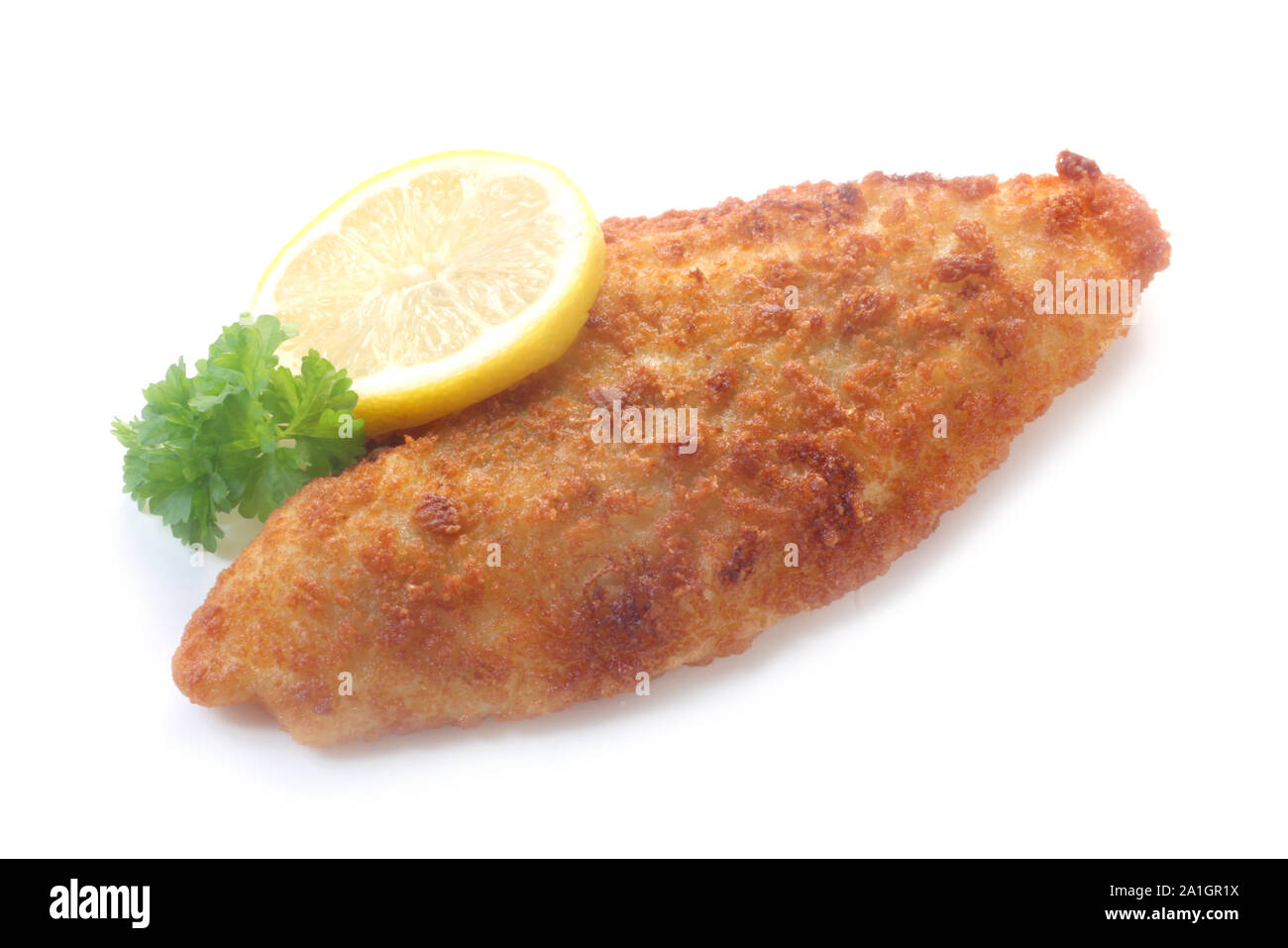 Crumbed filet frit de plie Isolated On White Banque D'Images